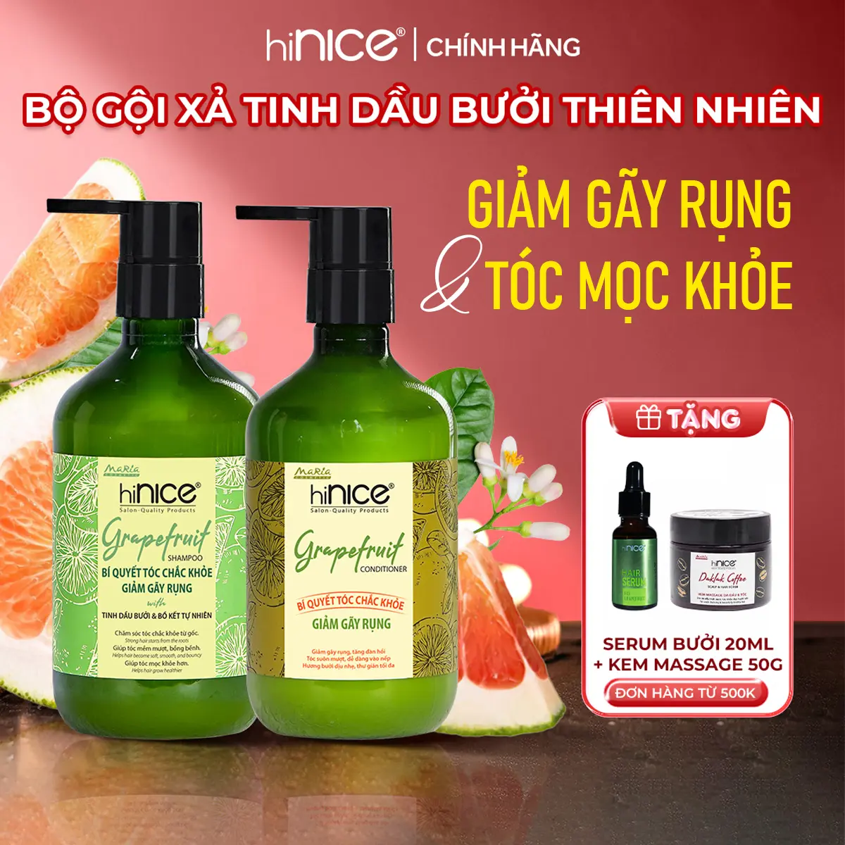 Bộ Dầu Gội Kem Xả Tinh Dầu Bưởi & Bồ Kết Thiên Nhiên hiNICE Grapefruit Dành Cho Tóc Gãy Rụng & Khô Xơ