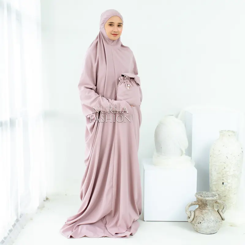 Mukena Traveling Terusan Polos Dewasa Hana Cantik Nurlia-Mukena Katun Panjang - Atasan, Bawahan, Renda yang Muslim Wanita Rayon Bordir Bordir Mewah 2