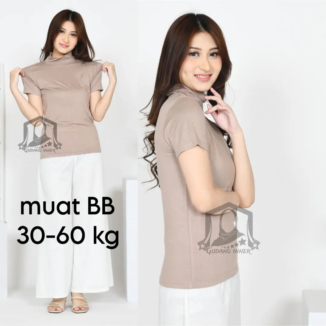 Manset Baju Turtleneck Lengan Pendek Wanita Polos