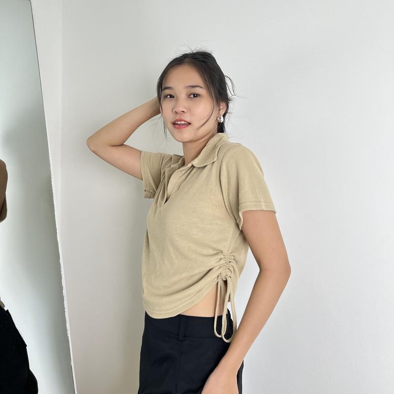 LAURA Baju Atasan Wanita - Crop Top Basic - Kaos Polo Berkerah Rib Polos - Knit Top Wangki Tali Serut 4
