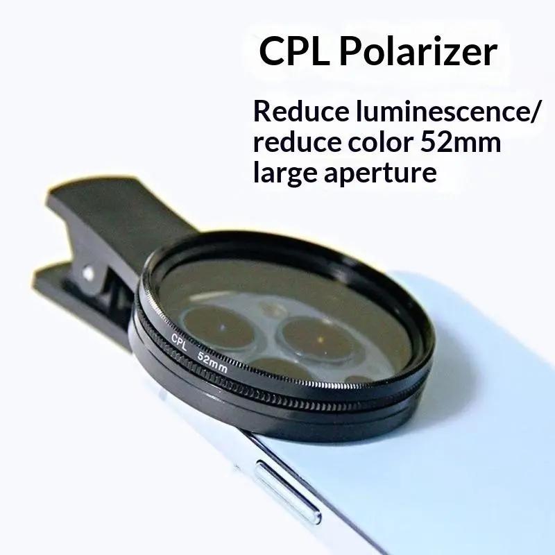 Không có vignetting 52mm Clip-on điện thoại di động CPL ống kính phổ tròn phân cực lọc cho điện thoại thông minh chụp