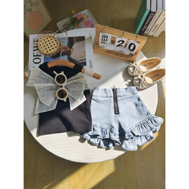 Setelan Anak Perempuan Import Knit Tanpa Lengan Pita Double Besar Punggung Short Pants Renda Terbaru 1