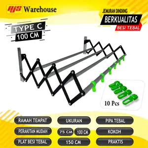 AJS - Jemuran Nempel Dinding Lipat 100 CM Type C Berkualitas Besi Tebal & Pipa 4 Batang Anti Karat Dengan Gantungan Hanger