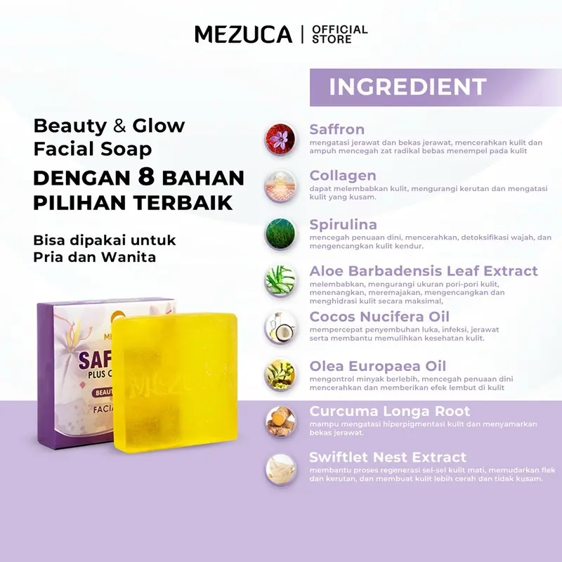 Facial Soap MEZUCA Saffron Plus Collagen 60gr Sabun Wajah Membantu Mencerahkan Melembabkan Menutrisi Kulit Muka Atasi Jerawat Bekas Jerawat BPOM 1