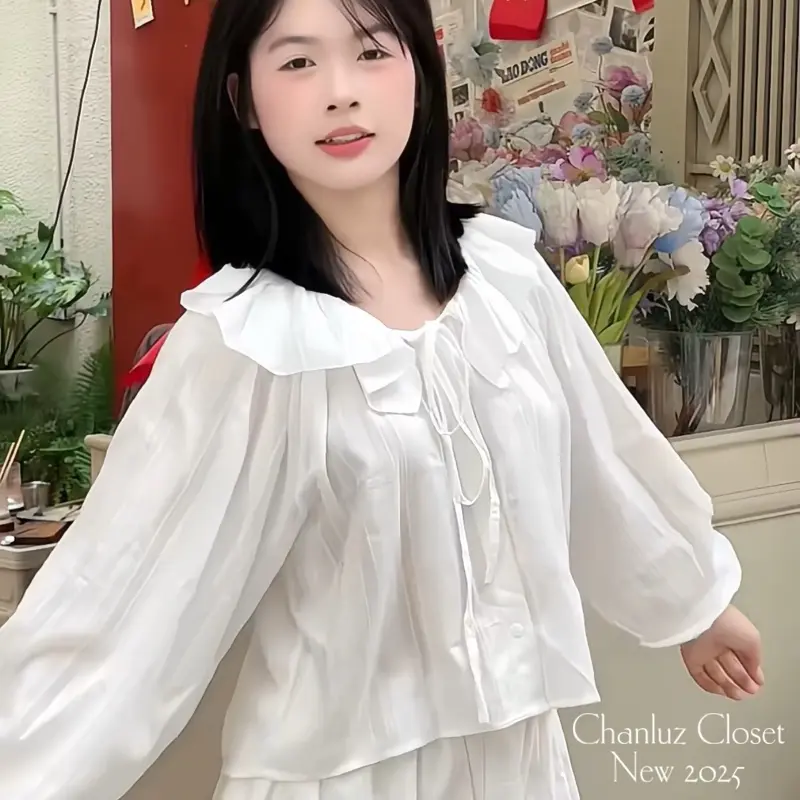 Áo sơ mi tay dài cổ bèo thắt nơ chất voan mỏng nhẹ Chanluz Closet - CLS08