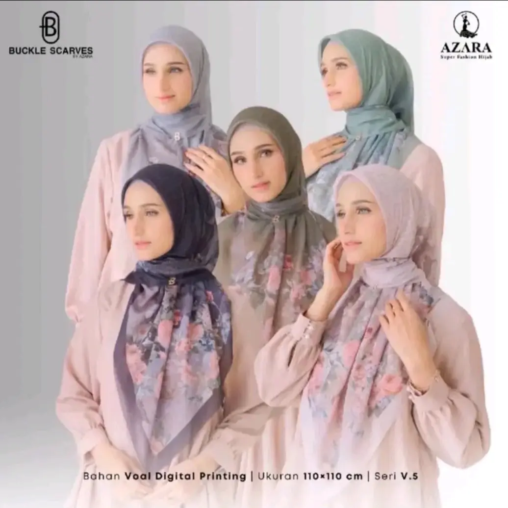 Paket 4+1 Pcs Buckle Scarves Motif Hijab Segiempat Motif Kemasan Pouch Metal Logo Random