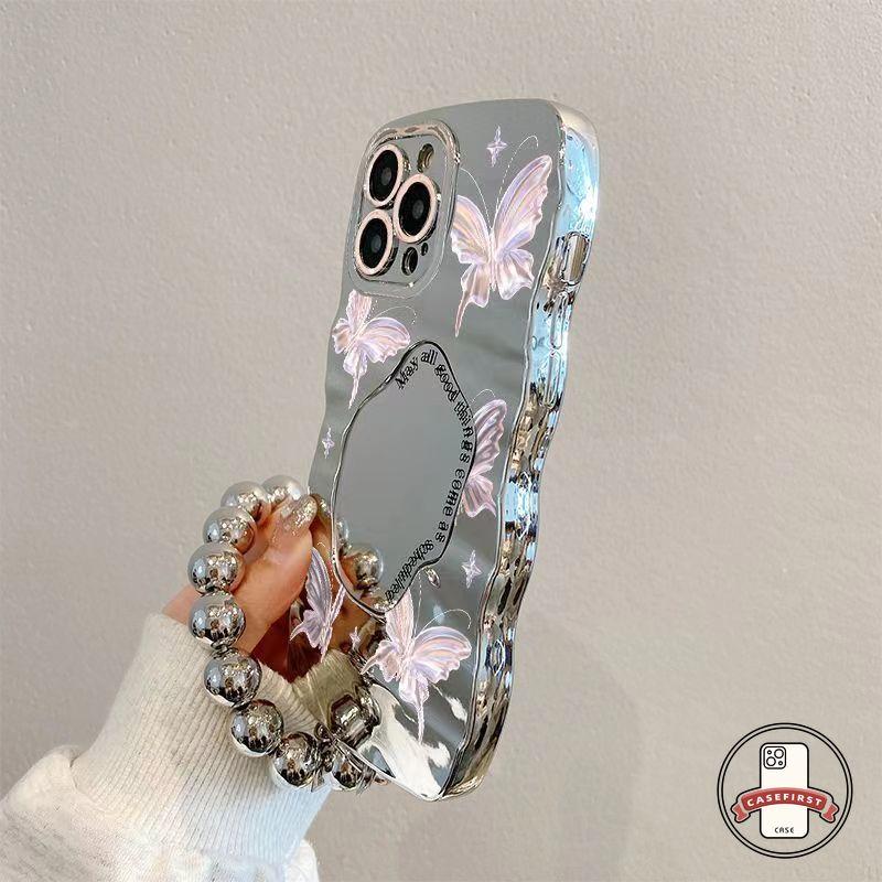 Casing Cermin Rias Mewah Kupu-kupu Merah Muda Fantasi Untuk Redmi 9A 10A 10C 9T 9C Nfc Redmi Note 11 9 10S 12 11S 8 10 Pro 11Pro 12Pro Plus POCO X3 NFC M3 Pro X5 Casing Tepi Bergelombang Huruf Modis 3