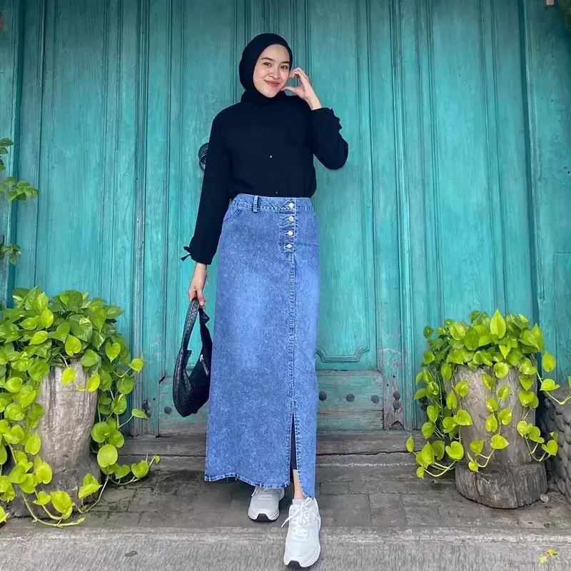 Rok Jeans Panjang Rebecca Highwaist untuk Wanita - Celana Dewasa Kancing 1
