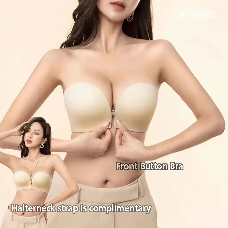 Áo Ngực Dây Không Dây Cho Nữ, Áo Ngực Kéo Với Khóa Trước Vô Hình, Không Trượt Voi Kem Màu Đen Bra
