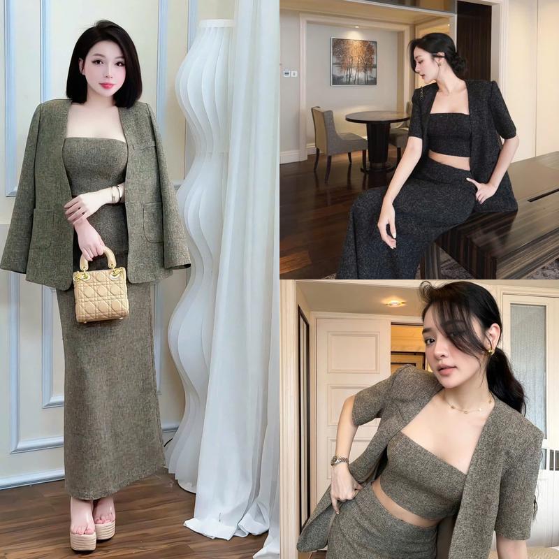 HÀNG CÓ SẴN G822 Set dạ tiêu 3 món áo khoác chân váy bra hàng ép mùng dày dặn - Set đồ nữ sang chảnh