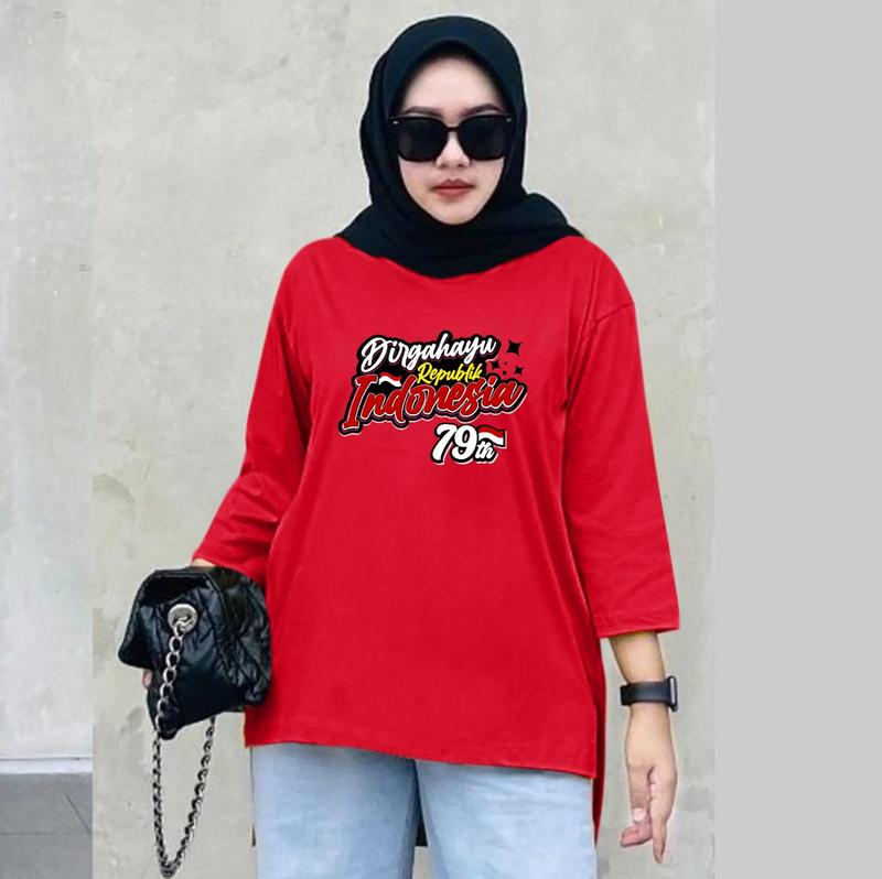 Atasan Oversize Kemerdekaan NKRI Lengan 7/8 / Atasan HUT RI 79 th 2024 / Kaos Seragam Agustusan Kekinian Murah Wanita Baju 0