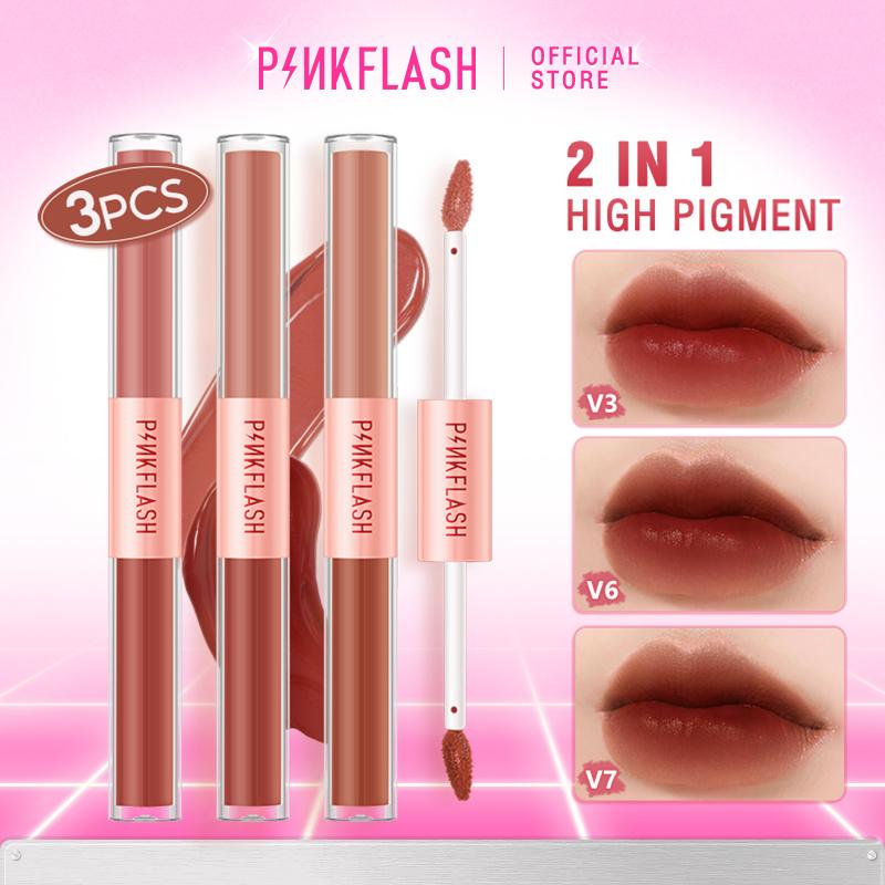PINKFLASH 3pcs set gincu 2 Dalam 1 gincu cair matte baldu liptint ringan pigmen tinggi tahan lama PF-L13 Lipstick Makeup