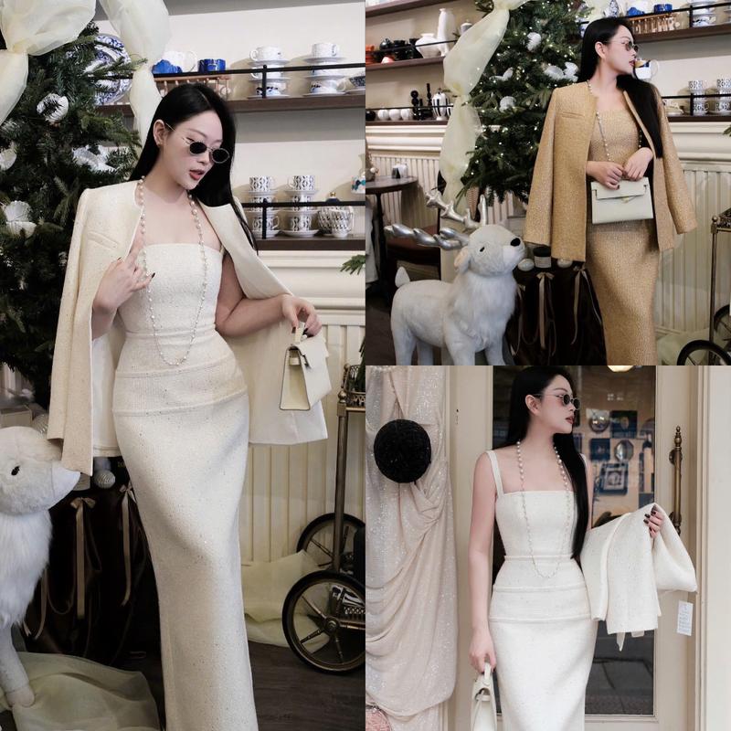  A61 Set dạ  áo khoác và váy dài  áo khoác dạ blazer phối váy body 2 dây dài - Set đồ nữ sang chảnh 