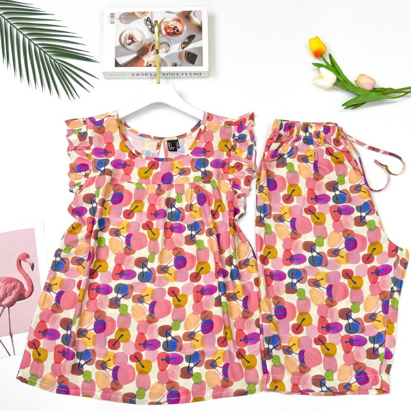 Đồ Tole Nữ Mặc Nhà Bộ Lanh Trung Niên Quần Lửng Áo Cổ Tròn Tay Cánh Tiên 45-85kg VNXK F21 Cao Cấp - Women, Top Quần Ngủ Cạp Cao