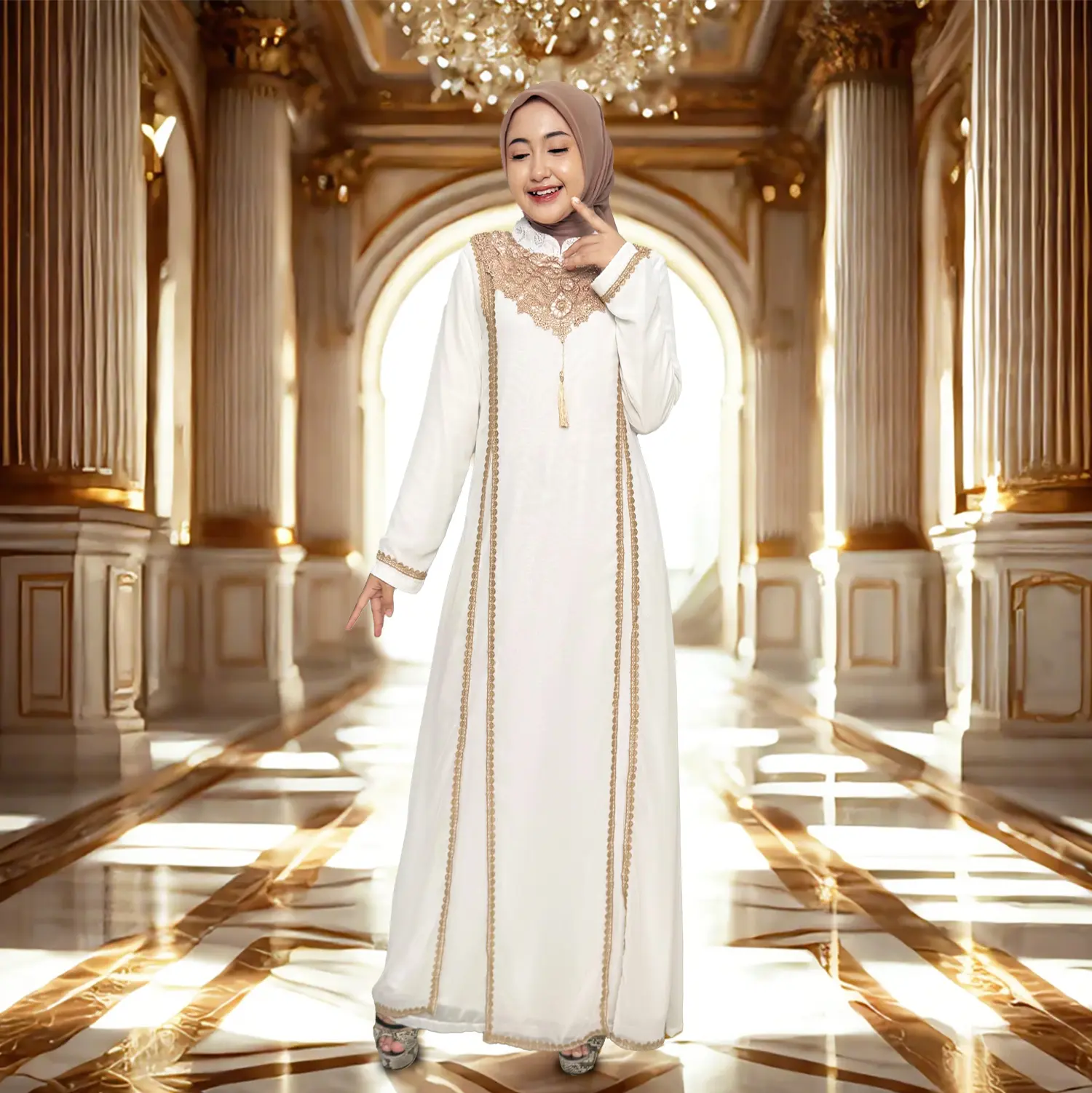 NewStar - Gamis Putih Lebaran 2025 Terbaru Baju Muslim Wanita Premium Model Baru Elegan Abaya Turkey Mewah B56