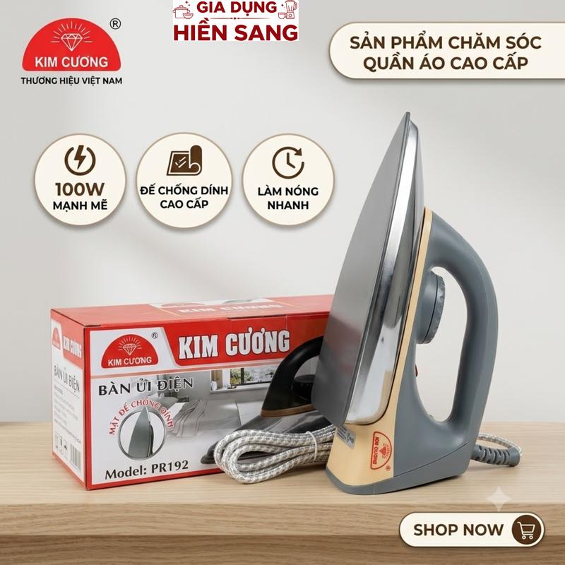 Bàn Ủi Điện Khô KIM CƯƠNG PR192 - Mặt Đế Chống Dính Cao Cấp, Công Suất 1000W Làm Nóng Nhanh, Bảo Hành 12 Tháng