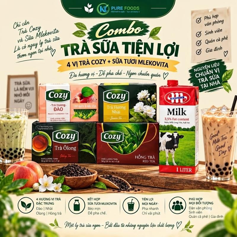 Combo Trà sữa Cozy hương đào,lài,olong, hồng trà + Sữa Mlekovita 3.5%| Nguyên Liệu Pha Trà Sữa