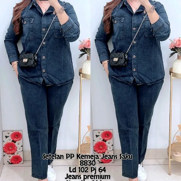 8830 SETELAN PP KEMEJA JEANS SAKU WANITA/SETELAN BAHAN JEANS WANITA/ONE SET LD 102