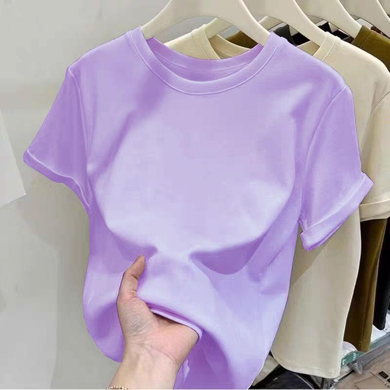 Áo Thun Ngắn Tay 100% Cotton Nguyên Chất, Màu Trơn Dành Cho Nữ, Dáng Rộng Rãi Và Dễ Phối Đồ, Cổ Tròn, Đế Vai Trước, Thích Hợp Cho Mùa Hè, Áo Trên 7