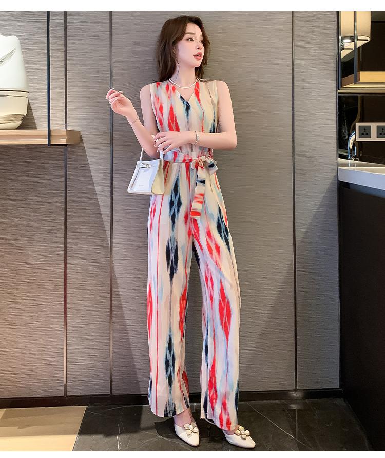 Product Introduction of Áo Jumpsuit Quần Đi Kỳ Nghỉ Và Văn Phòng, Hàng Mới Về, Phong Cách Hàn Quốc, Thời Trang, Thanh Lịch, Vải Voan In Hình, Không Tay, Cạp Cao, Mỏng Vừa Vặn, Có Thắt Lưng, Quần Ống Rộng, Bộ Nữ, Hợp Xu hướng, Thích Hợp Cho Mùa Hè Voi Kem set a 11