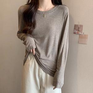 Women's Soft Nubby Long Sleeve Top, Spring & Fall New Pure Color Slimming Loose Fit Shirt, Casual Inner Layer Tee 7190# Mocha Minimalist Crewneck Basic Womenswear