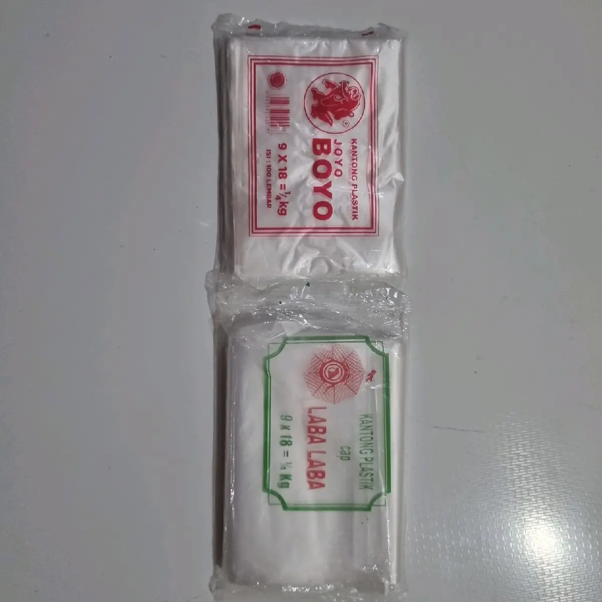 Kantong Plastik Ukuran 9x18=1/4 kg merk Laba-laba dan Joyo Boyo