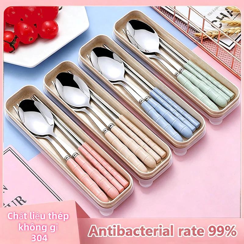 Bộ 3 món thìa, đũa, dĩa lúa mạch chất liệu inox 304 không rỉ kèm hộp, bộ muỗng,thìa, nĩa dùng cá nhân