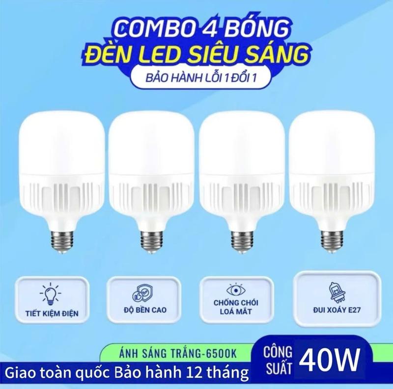  Combo 4 Bóng Đèn Led 40W Trụ Tròn Siêu Sáng Tiết Kiệm Điện Năng Cho Gia Đình Ánh Sáng Trắng 6500K Độ Bền Cao 