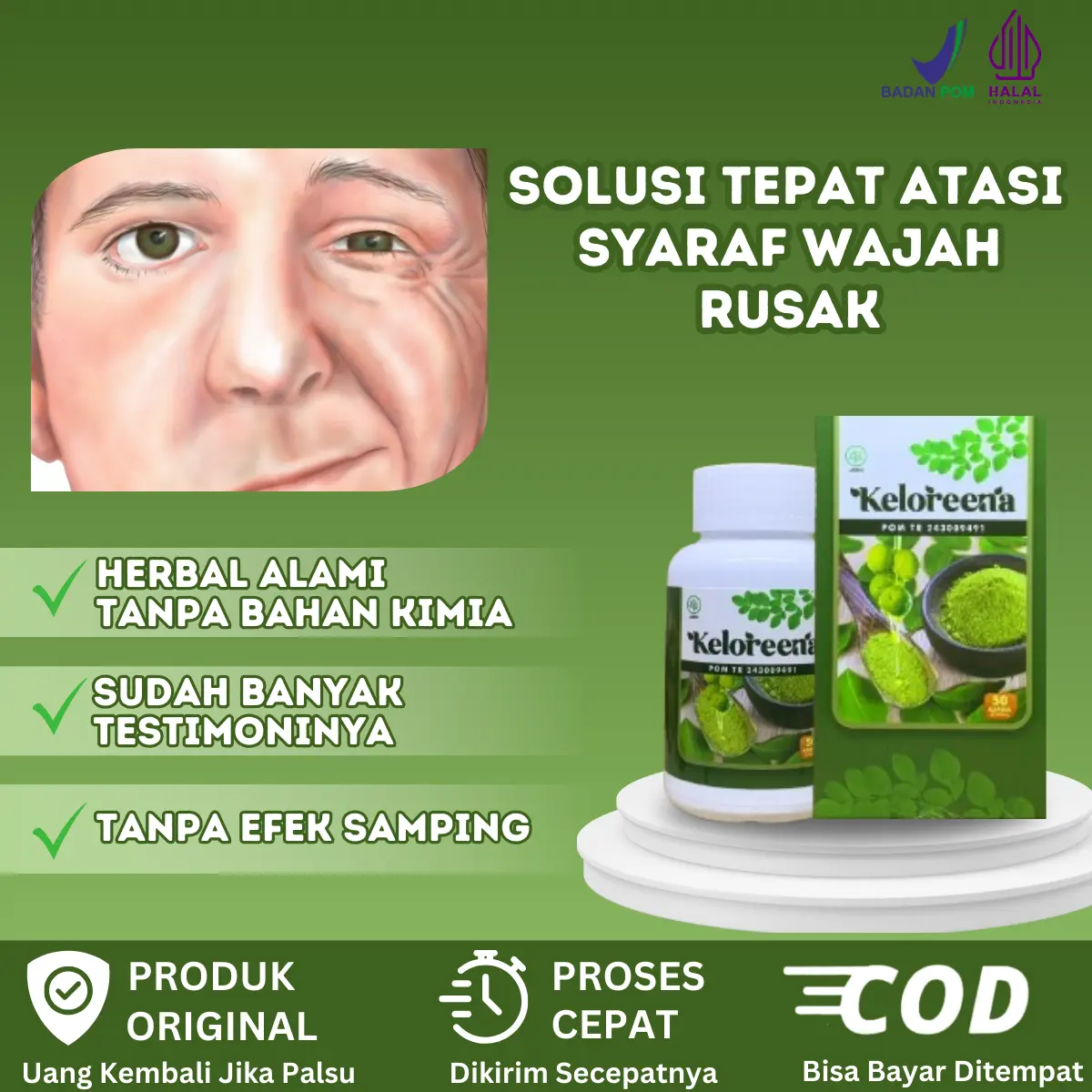 Keloreena Atasi Gangguan Syaraf Wajah, Pipi, Mata, Dagu, Leher Terasa Kaku, Neuralgia Trigeminal, Hemifacial Spasm, Wajah Kedutan, Bibir Kedutan, Bells Palsy Asli 100% Original