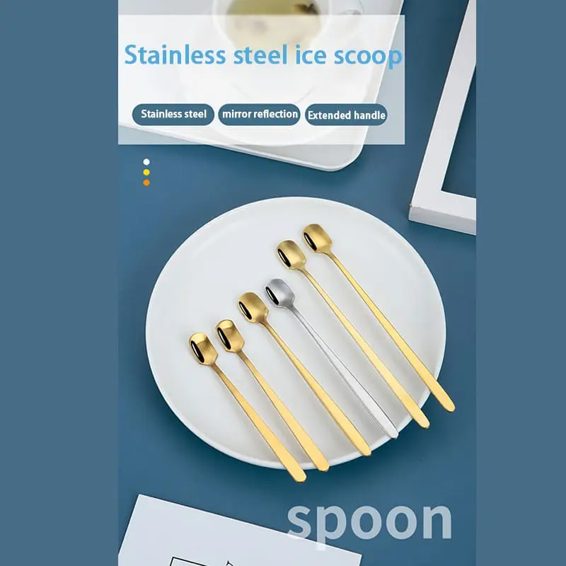 Sendok Stainless Steel Kopi Makanan Penutup Pengadukan Pegangan Panjang Kebutuhan Sehari-hari Baja Bulat Kitchenware 3