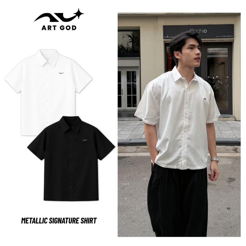 Áo Sơ Mi Boxy Vải Cotton Lạnh Gắn Logo Kim Loại Trơn Nam Nữ Unisex ARTGOD HMA109