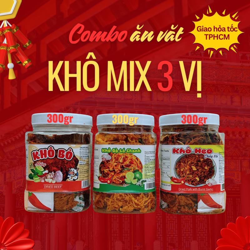  Combo 3 loại khô  300gr Khô bò miếng + 300gr Khô gà lá chanh   gà bơ tỏi   + 300gr Khô heo cháy tỏi   - Snack ăn vặt khô  galachanh Food 