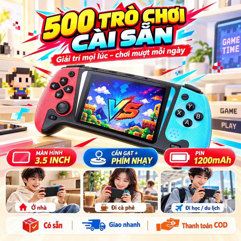 Q21 Máy chơi game cầm tay được trang bị màn hình LCD 3,5 inch, có 500 trò chơi và có thể kết nối với TV