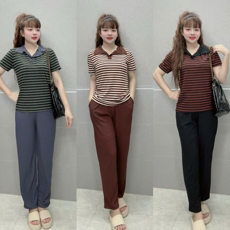 Đồ bộ dài baggy áo sơ mi tay cộc chất liệu thun gân lạnh size 45-75kg Nữ Women Top Nâu Phong cách thời trang cho nữ