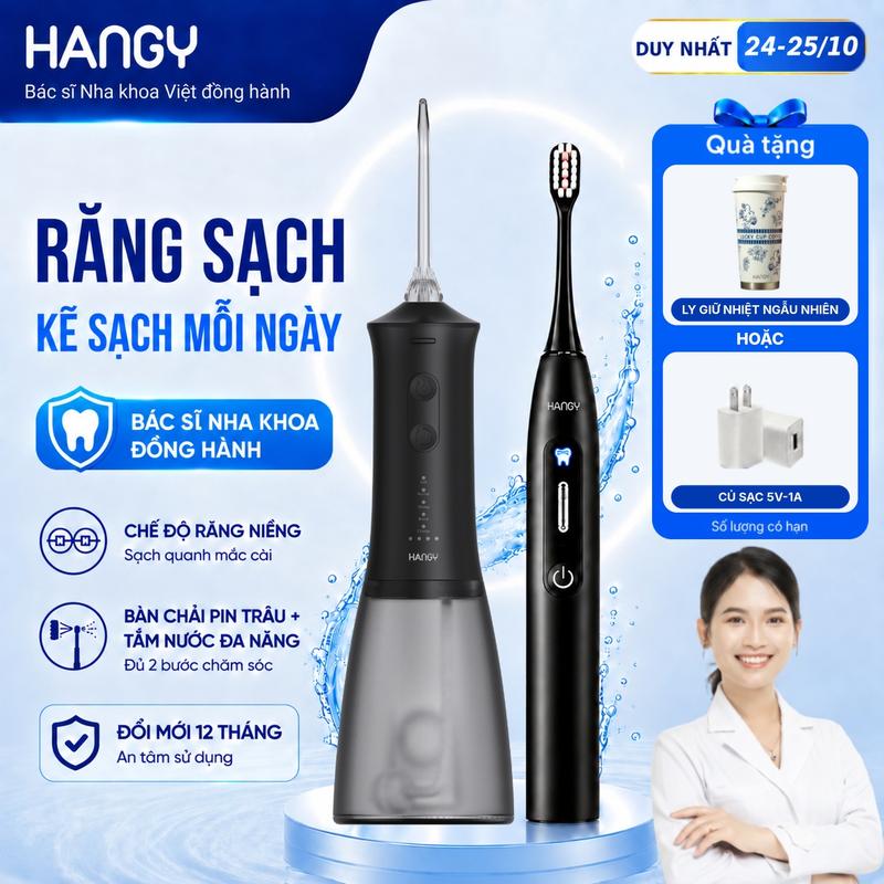 Máy Tăm Nước HN26 & Bàn Chải Điện H1 Pro HANGY Sạch Kẽ Răng Giảm Mảng Bám Êm Dịu