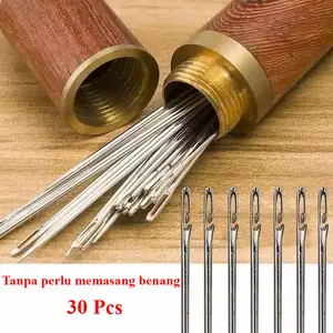 30PCS Jarum Jahit Tangan Tanpa Perlu Menusuk Benang, Jarum Besi, Jarum Selimut & Baju, Set Jarum Jahit Dengan Tong Kayu Kompak