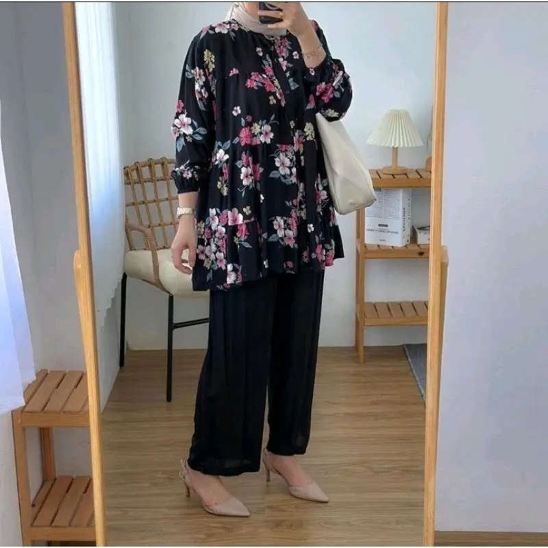 One set Inara Rayon motif Celana cringkel pinggang karet 2