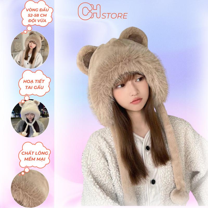  Mũ len nữ chùm đầu tai lông xù thời trang có dây buộc mùa thu đông Hat Voi 