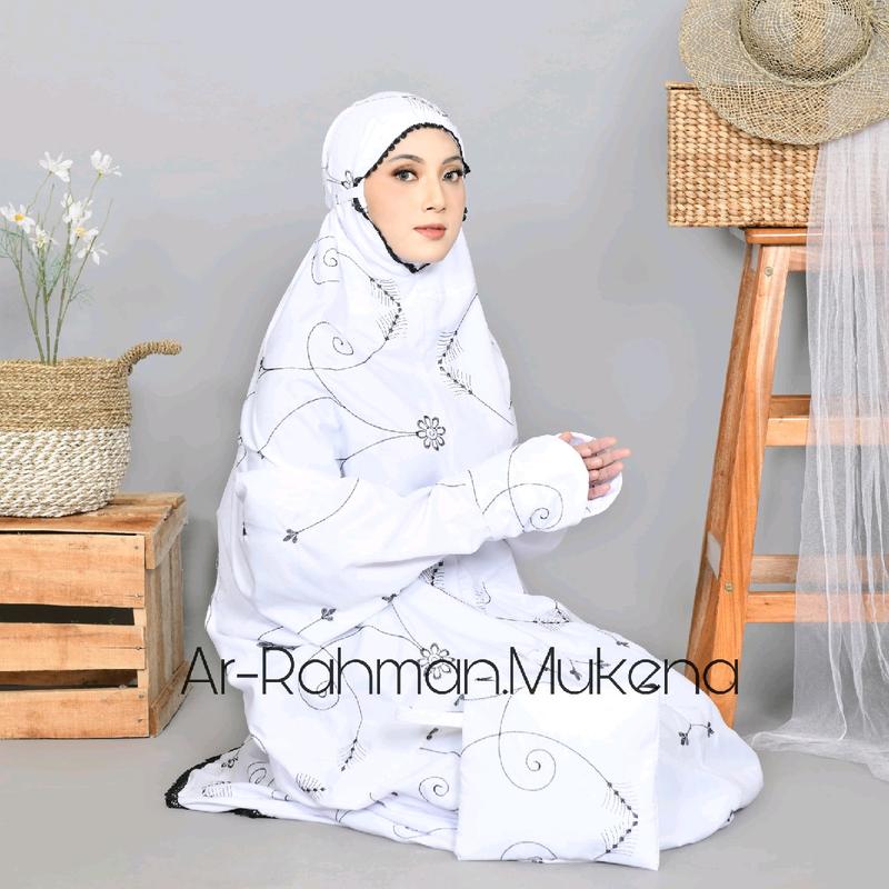 Ar-Rahman - Mukena Terusan Dewasa Bordir  Bunga Elmira Katun Premium Mewah Cantik 3