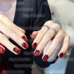 BPOM Asli - PREMIUM 10 PCS KUKU PALSU CAT Eye Kuku Palsu Mudah Dipakai Fake Nails Premium Wisuda Semi Buatan Tangan Mata Kucing Wine-red