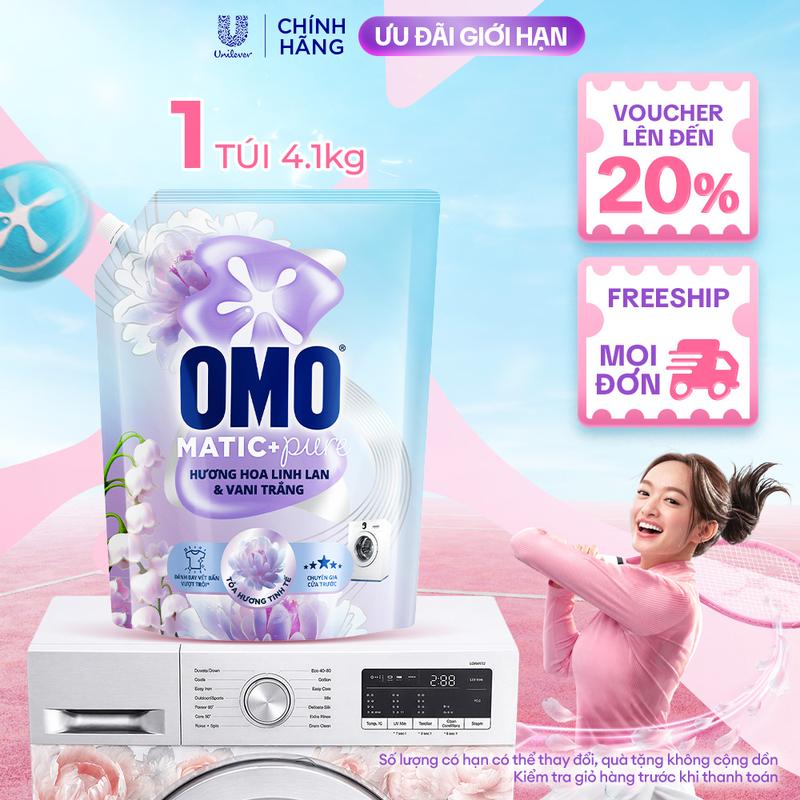 Nước giặt OMO Matic Pure Cửa Trước Hương Linh Lan & Vani Trắng 4.1KG