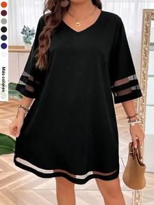 【Talla Grande】 Vestido de Color Sólido con Malla de Contraste y Cuello en V, Vestido Casual de Manga Media para Verano, Ropa de Mujer para Uso Diario