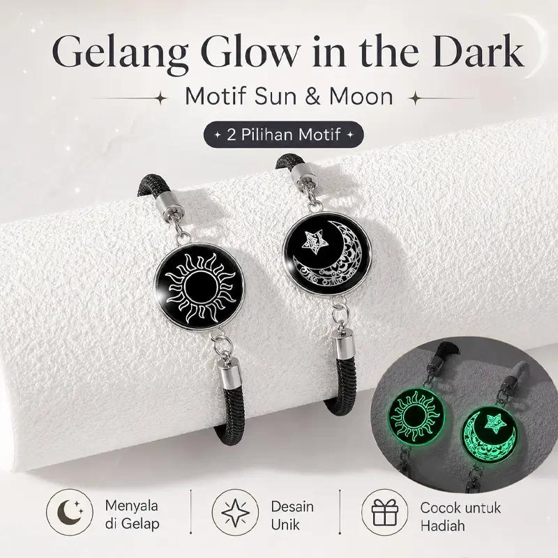Gelang Couple Pasangan Bintang Bulan Glow in the Dark Kulit Gelang-Coco