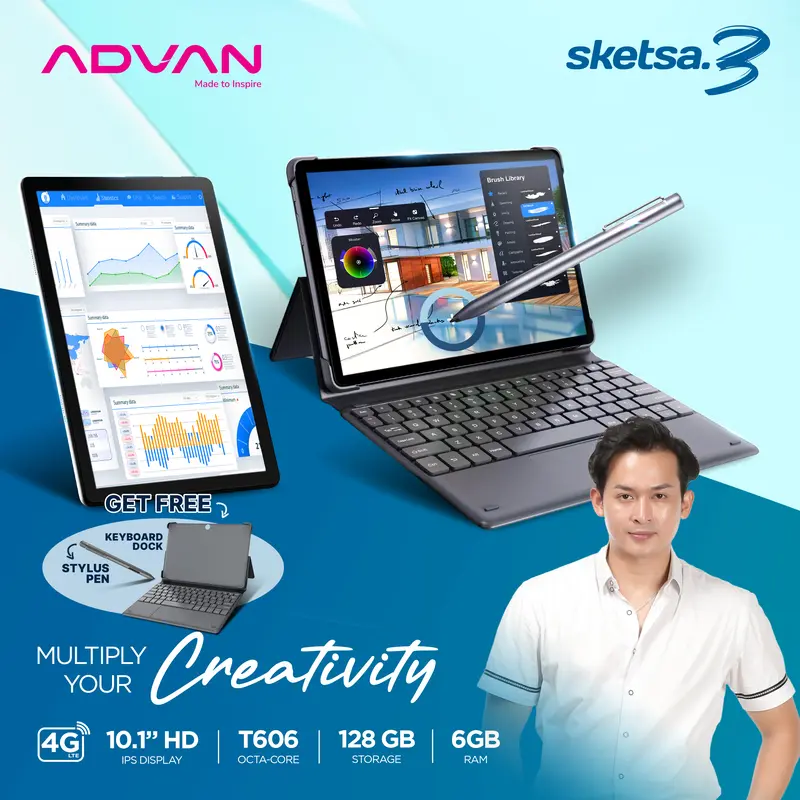 [Exclusive Steven Stenly] (FREE KEYBOARD + STYLUS PEN) ADVAN Tablet Sketsa 3 6GB/128GB 10.1” Inci HD IPS Dual SIM Card 4G LTE WiFi Bluetooth Tiger T606 Android 0