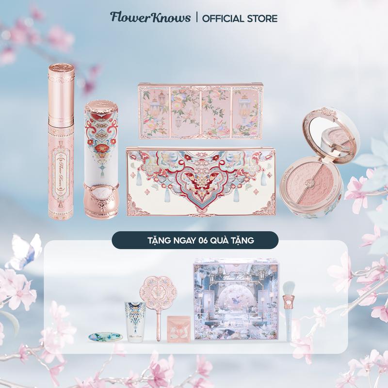   Tặng 06 Quà  Flower Knows Butterfly Cloud Collar Collection Makeup Gift Set Bao gồm bảng phấn mắt+son môi+má hồng+mascara+bảng đường viền  Free Gifts 1hand mirror+1hairpin+1mini puff+1cup+1brush++1empty gift box 