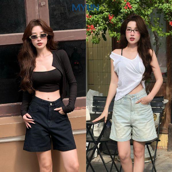 MYUN - Quần ngố Jean Nữ ống rộng cạp cao, dáng lửng quần bò chất denim Cotton màu trendy JN0001