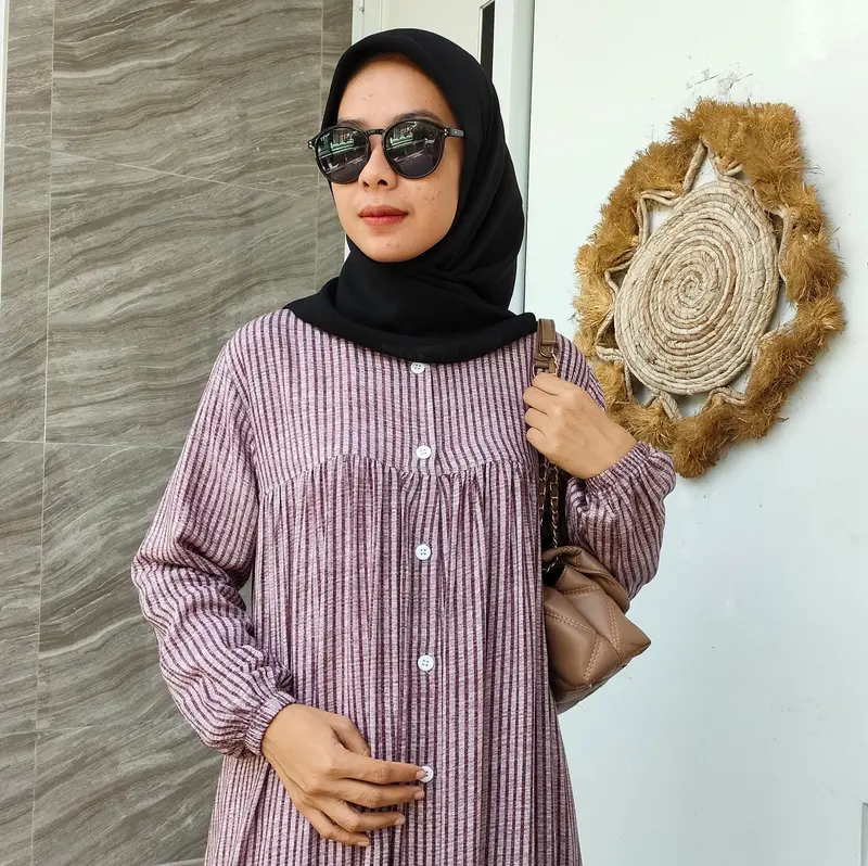 Dress Rayon Salur Gamis Rayon Kacing Full Kancing Aktif Gamis Busui Kancing Muslim Rayon Katun Nyaman Wanita Mewah 5