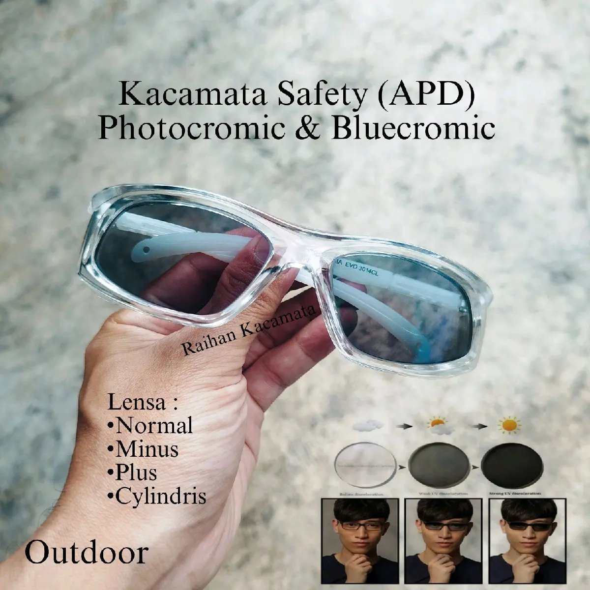 Kacamata safety Apd lensa photocromic dan bluecromic normal/minus/plus/cylindris photochromic