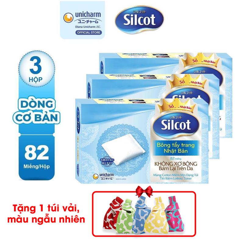 [COMBO 3-TẶNG 1 TÚI VẢI, MÀU NGẪU NHIÊN] Silcot Bông tẩy trang cơ bản 82 miếng/hộp