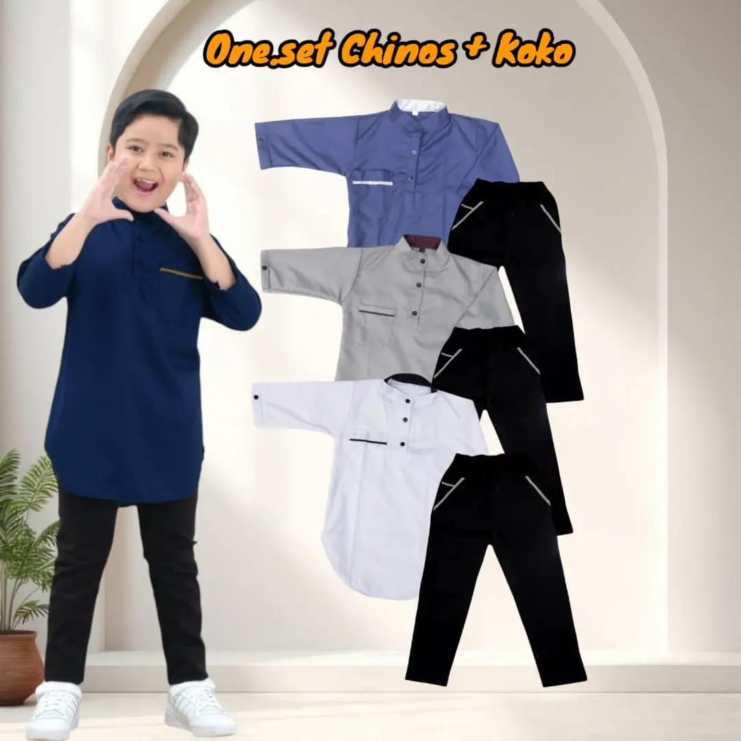 Baju muslim setelan koko anak laki laki 1-13 tahun koko kurta katun toyobo + Chinos panjang twill streatch